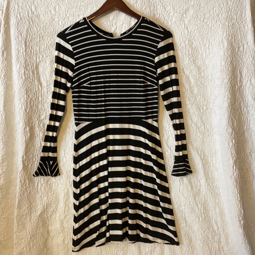 LOFT Black and White Striped Long Sleeve Dress